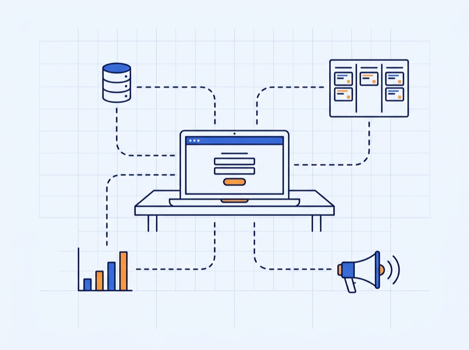 Illustration: a laptop showing a website with a form, connected to a database, a sales board, a chart and a megaphone.